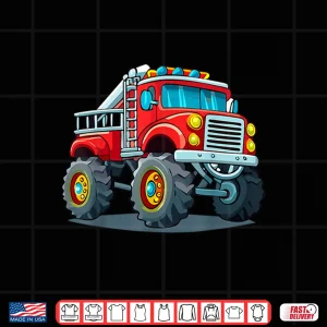 Design Fire Truck With Monster Truck Wheels Firefighter Vehicle Shirt