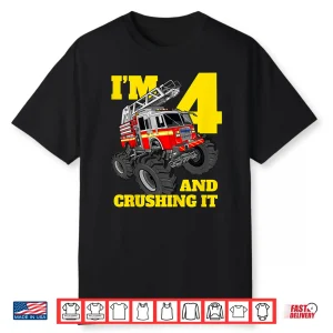 Monster Fire Truck 4Th Shirt Birthday 4 Firefighter Gift Shirt