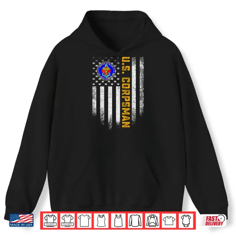 Hoodie Vintage USA American Flag Proud US Corpsman Veteran Military Shirt