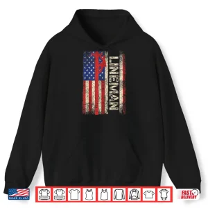 Hoodie Lineman US American Flag Shirt Patriotic Electrician Shirt