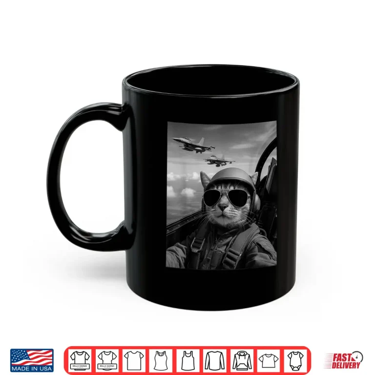 Mug Cool Pilot Cat Selfie Fighter Jets Humor Graphic Cat Lovers Shirt