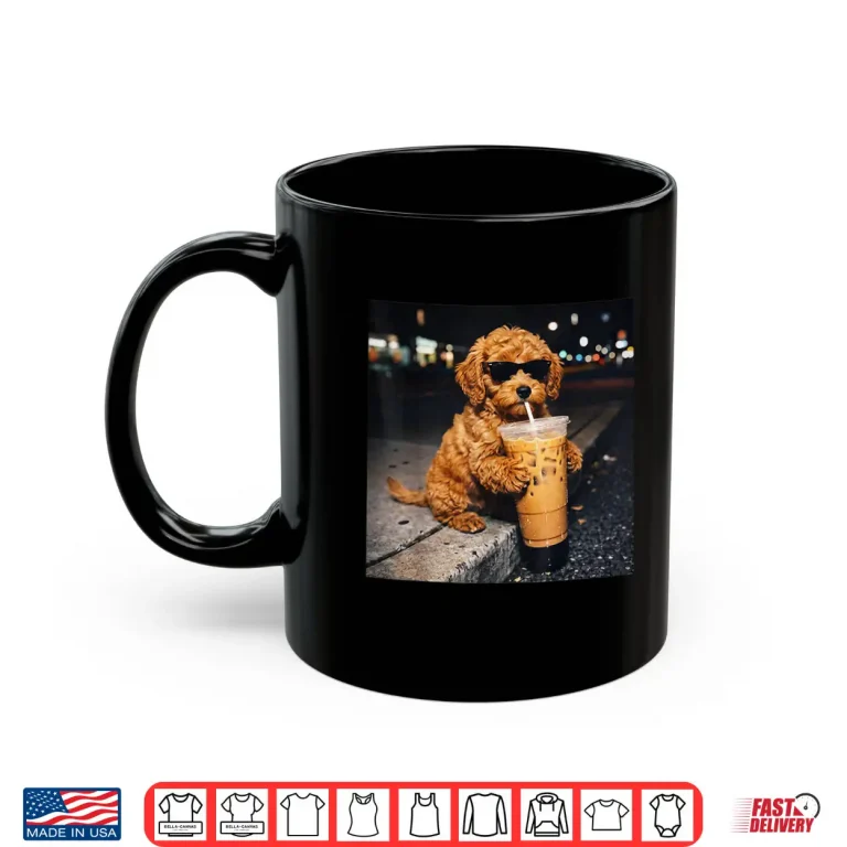 Mug Dog Goldendoodle Drinking Iced Coffee Funny Animal Meme Shirt