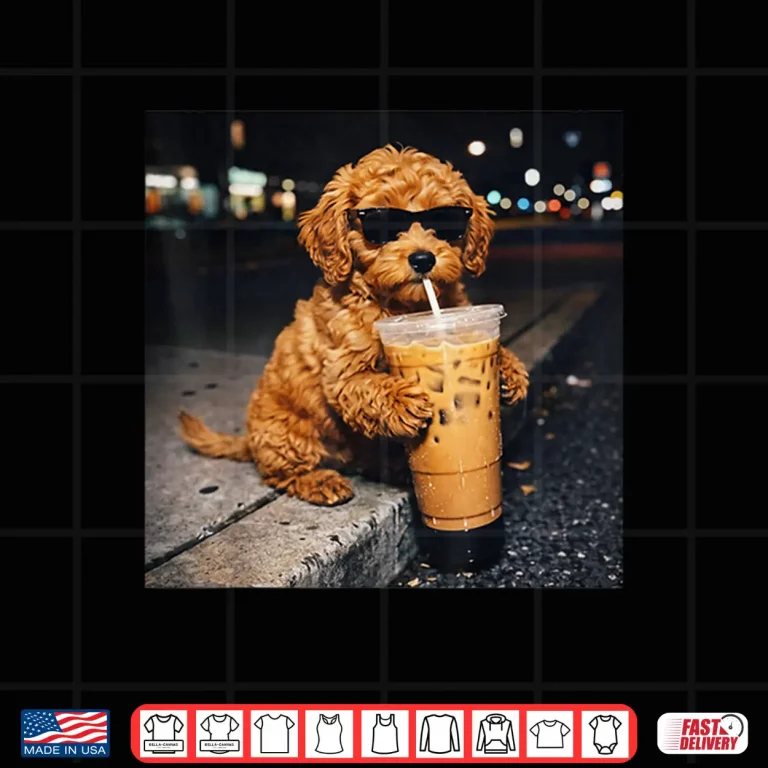 Design Dog Goldendoodle Drinking Iced Coffee Funny Animal Meme Shirt