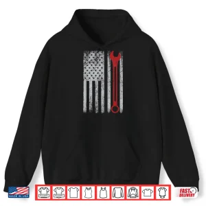 Hoodie Wrench Workshop Tools USA Flag Auto Repairman Car Mechanic Shirt