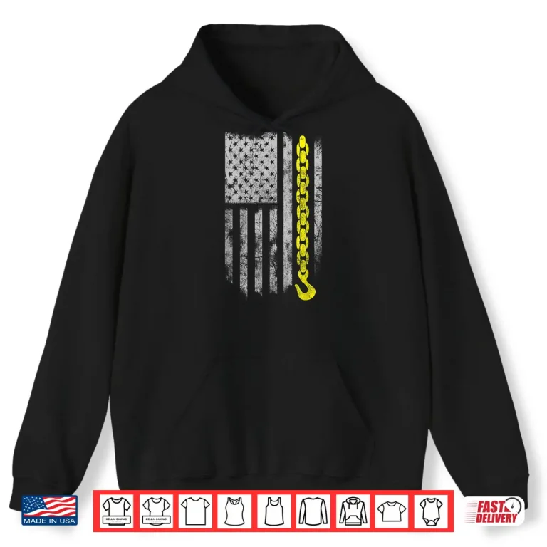 Hoodie Yellow Tow Hook Chain USA Flag Tow Truck Driver Shirt
