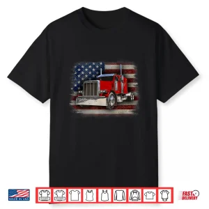 Black-T-Shirt-American Flag And Big Rig Trucker Shirt