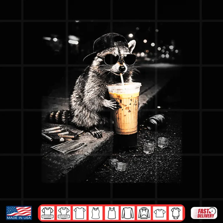 Design Funny Raccoon Drinking Iced Coffee Lover Humor Shirt 1