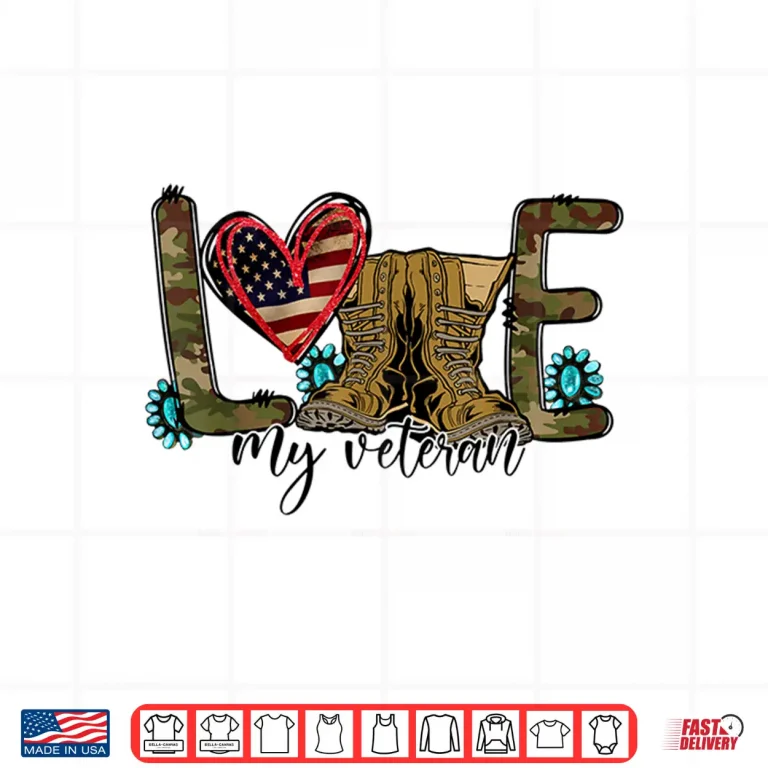 Design I Love My Veteran Camouflage USA Flag Military Army Spouse Shirt