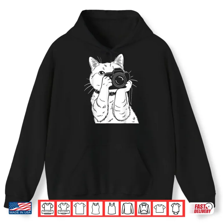 Hoodie Cat With Camera Photographer Cute Kawaii Photography Shirt 3