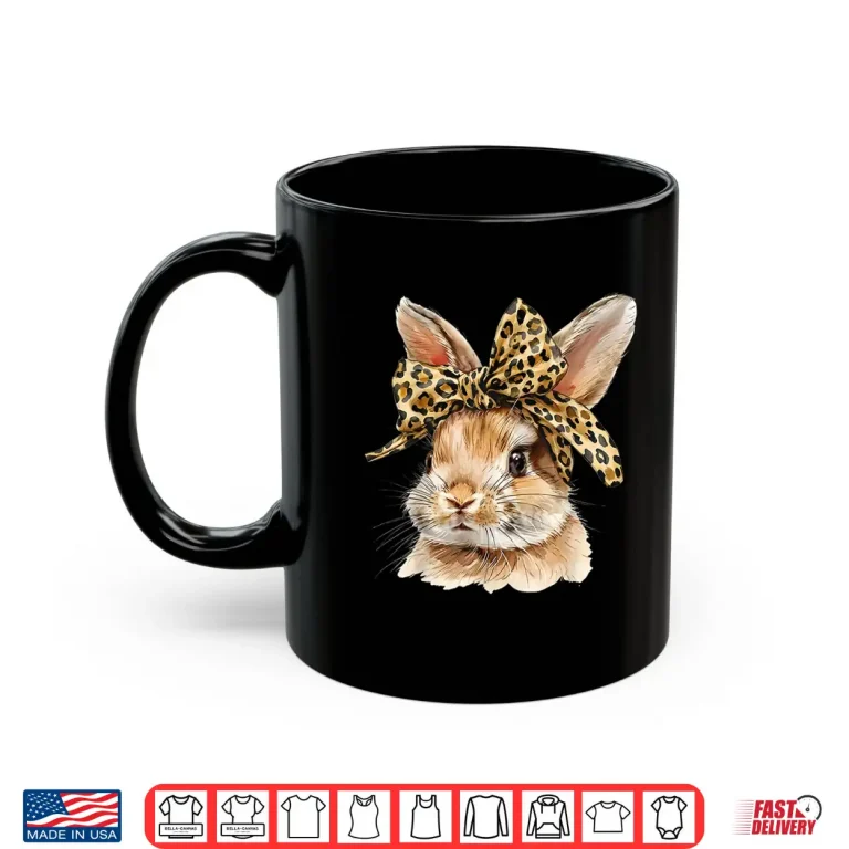 Mug Cute Easter Bunny Face Bow Leopard Rabbit Girls Shirt 1