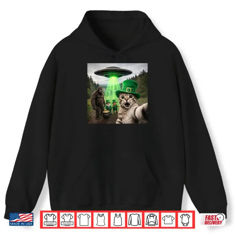 Hoodie Festive Cat Selfie With Leprechaun Mythical Forest Shirt