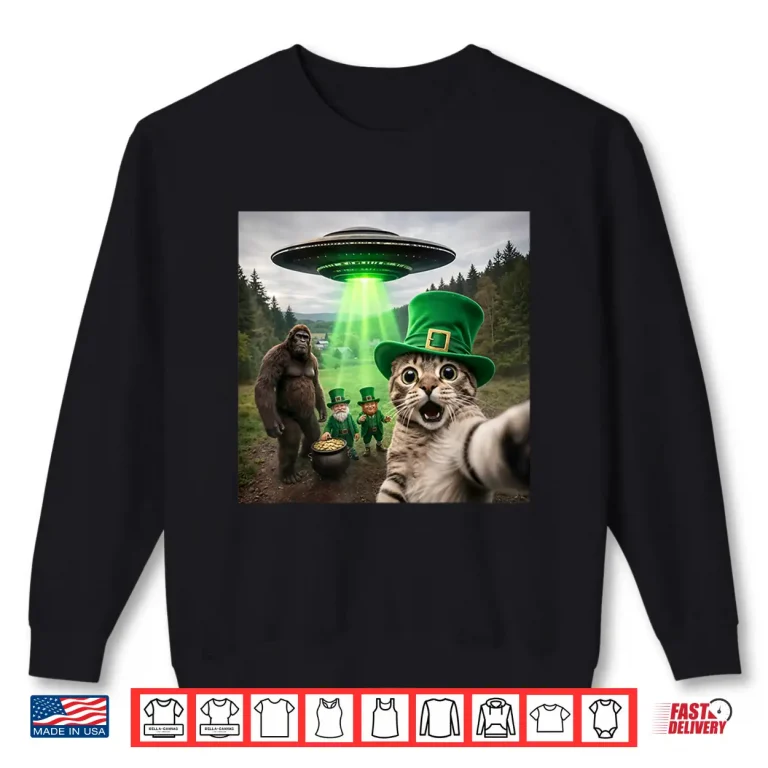 Sweatshirt Festive Cat Selfie With Leprechaun Mythical Forest Shirt