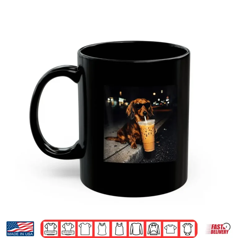 Mug Dachshund Drinking Iced Coffee Cute Dog Meme Humor Shirt