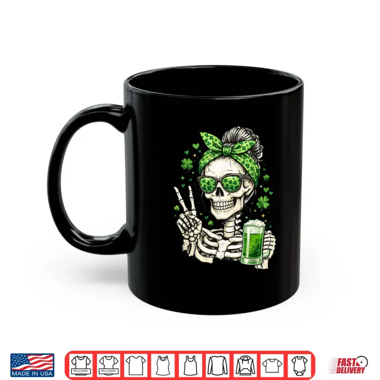 Mug Skull Sunglass Messy Bun Irish Festive Holiday Shirt