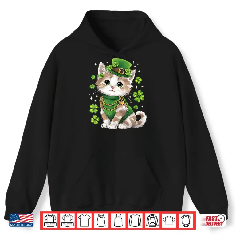 Hoodie St Patricks Day Cat Leprechaun Hat Shamrock Shirt
