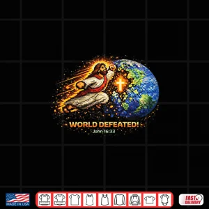 Design World Defeated John Sixteen Thirty Three Retro Gamer Christian Shirt