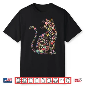 Floral Cat Feline Botanical Artistic Graphic Design Shirt