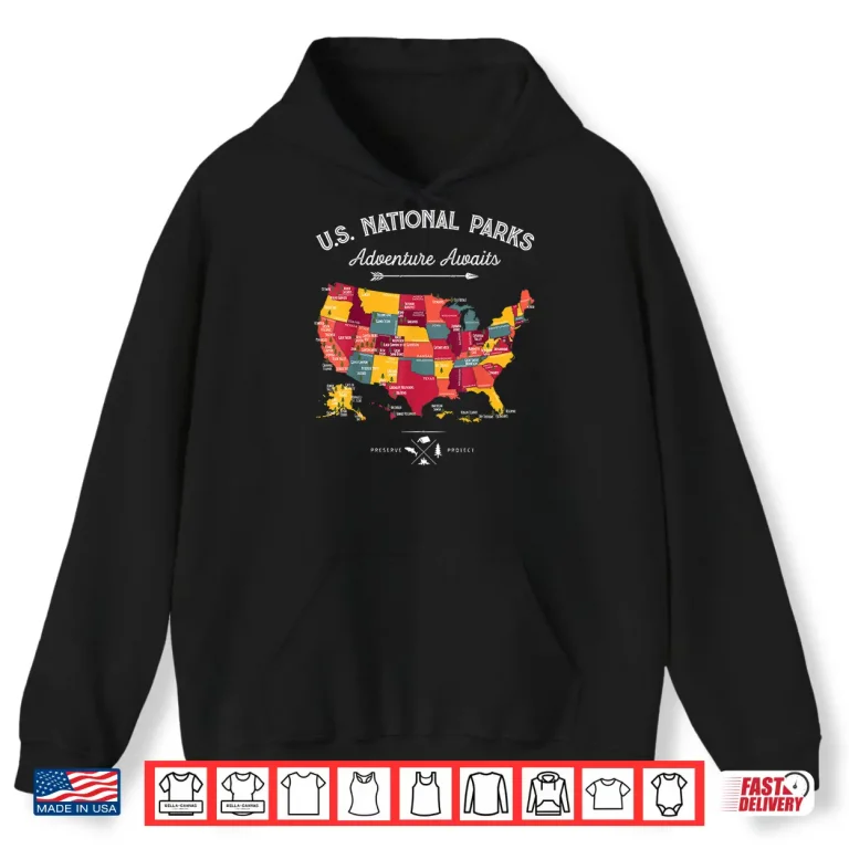 Hoodie Sixty Three National Parks Map US Park Retro Vintage Hiking Shirt
