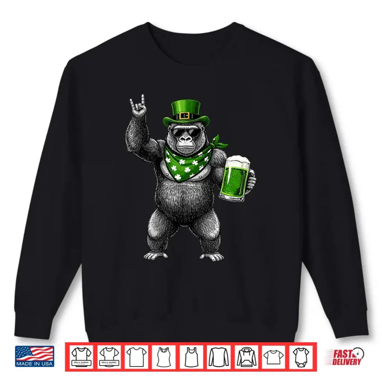 Sweatshirt Funny Gorilla St Pattys Shamrock Beer St Patricks Day Men Shirt