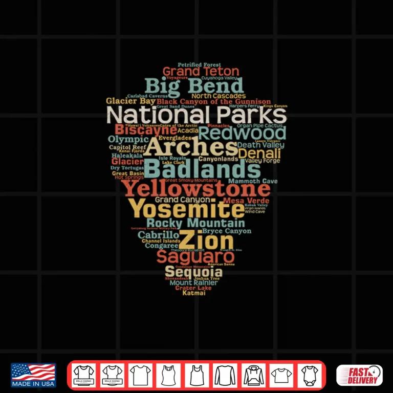 Design National Parks List Word Cloud Camping Hiking Graphic Design Shirt