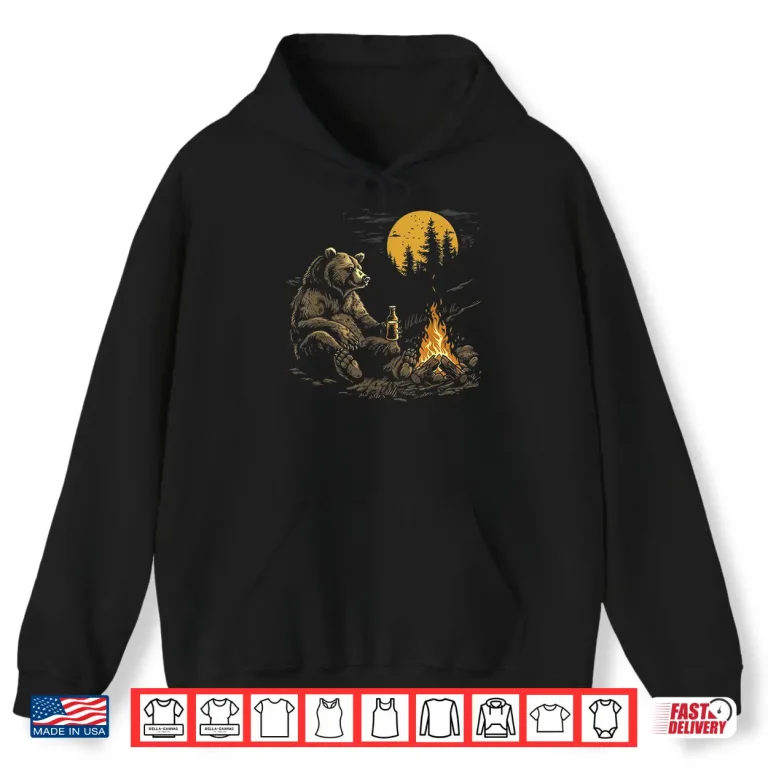 Hoodie Camping Bear Drinking Beer Hiking Nature Funny Grizzly Shirt