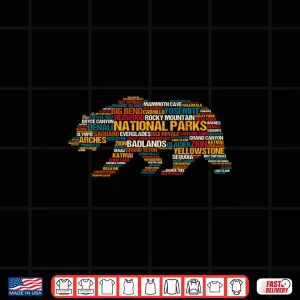 Design National Parks USA List Word Cloud Bear Camping Hiking Design Shirt