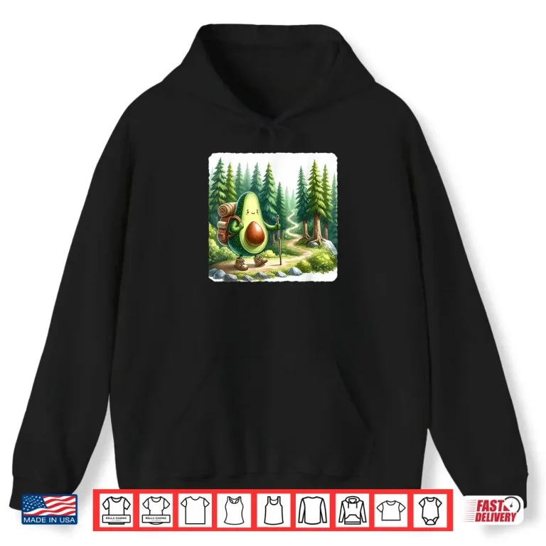Hoodie Avocado Hiker In Lush Forest With Path. Trekking Backpack Shirt