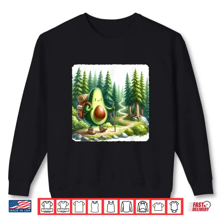 Sweatshirt Avocado Hiker In Lush Forest With Path. Trekking Backpack Shirt