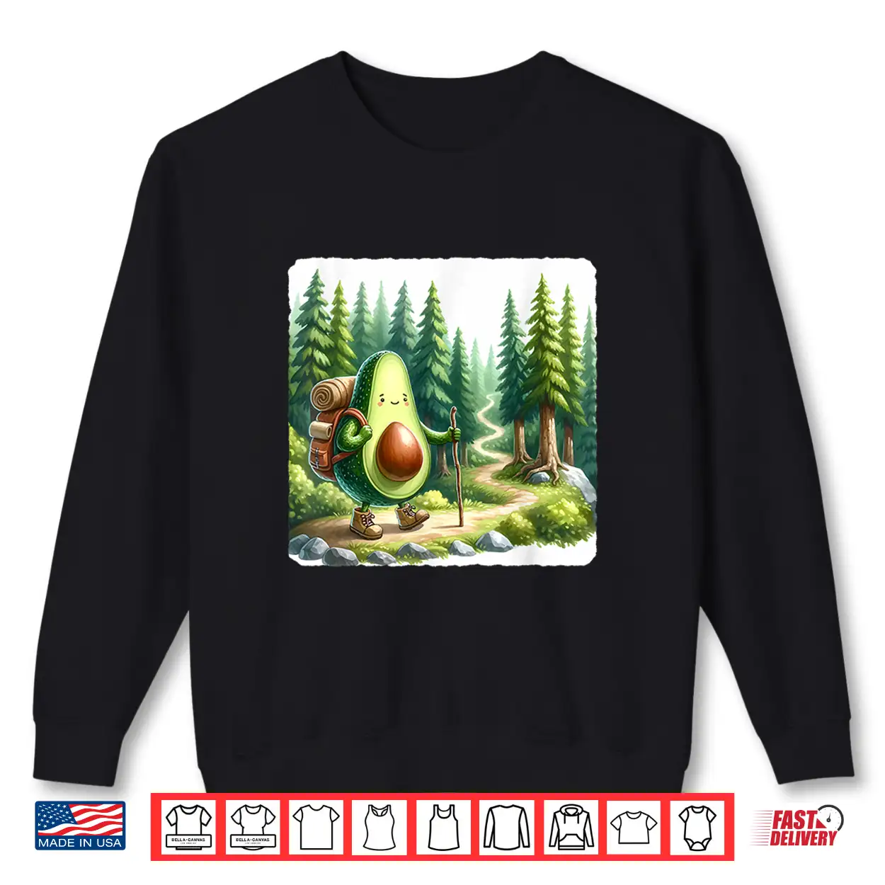 Avocado Hiker In Lush Forest With Path. Trekking Backpack Shirt Avocado Hiker In Lush Forest With Path. Trekking Backpack Shirt