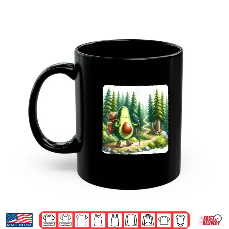 Mug Avocado Hiker In Lush Forest With Path. Trekking Backpack Shirt