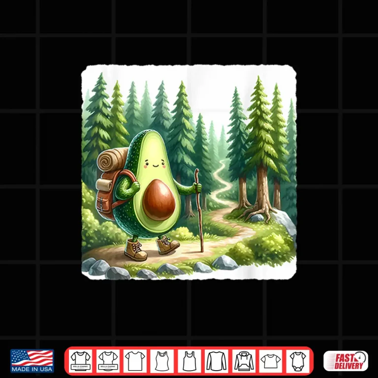 Design Avocado Hiker In Lush Forest With Path. Trekking Backpack Shirt