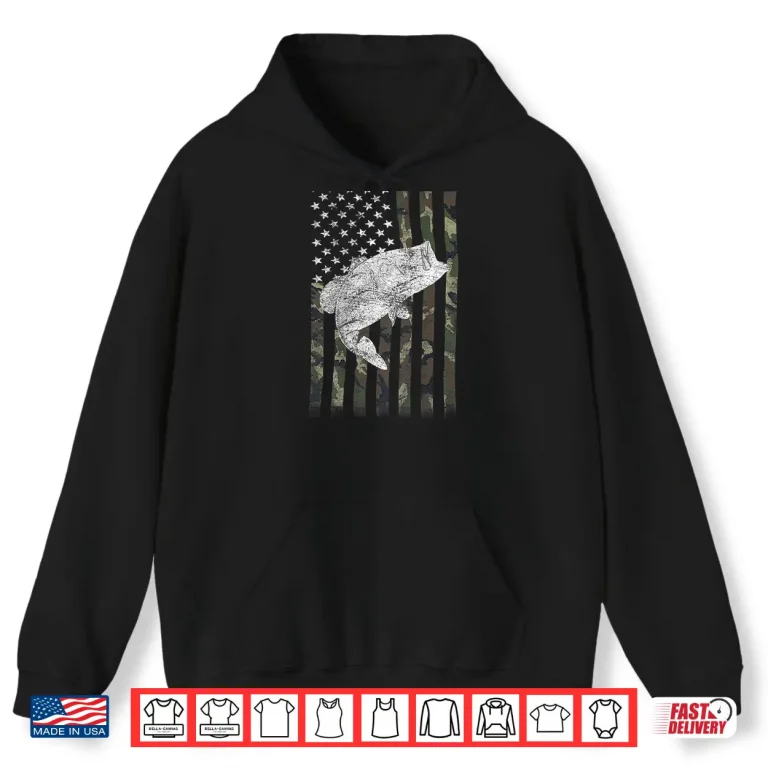 Hoodie Funny Bass Fishing Camouflage Flag Big Mouth on back Shirt