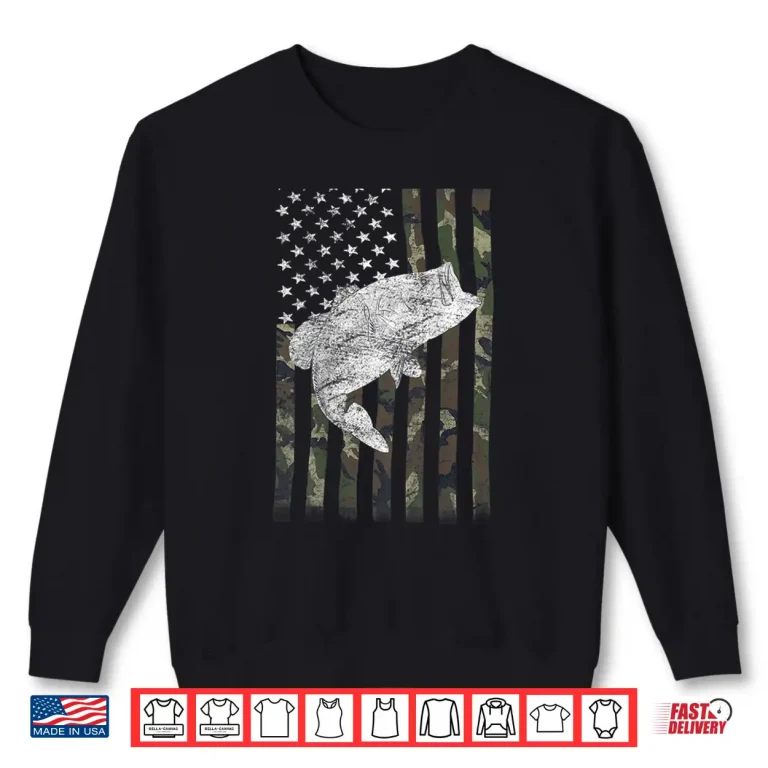 Sweatshirt Funny Bass Fishing Camouflage Flag Big Mouth on back Shirt