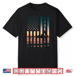 Lake Life Fisherman Sunset American Flag Bass Fishing Boat Shirt