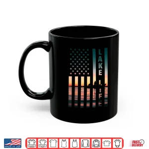 Mug Lake Life Fisherman Sunset American Flag Bass Fishing Boat Shirt