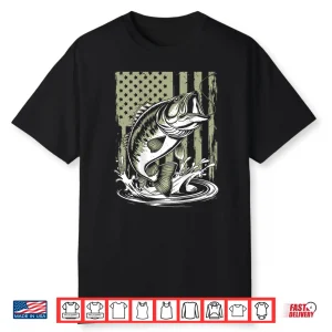 On Back Camo Bass Fish American Flag Boy Youth Men Patriotic Shirt