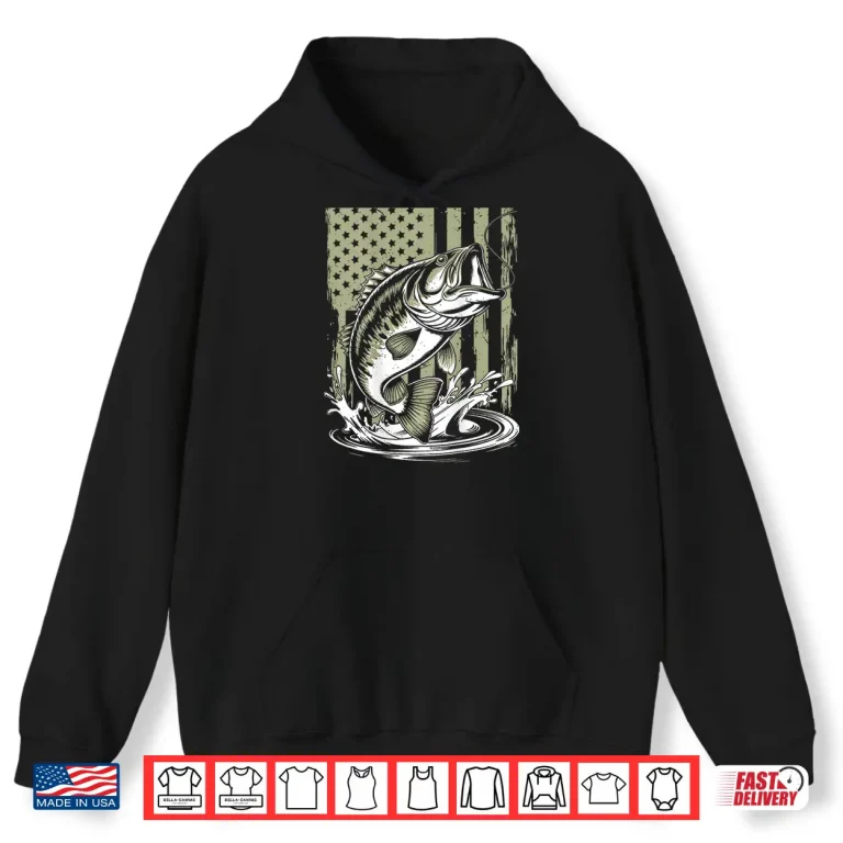 Hoodie On Back Camo Bass Fish American Flag Boy Youth Men Patriotic Shirt
