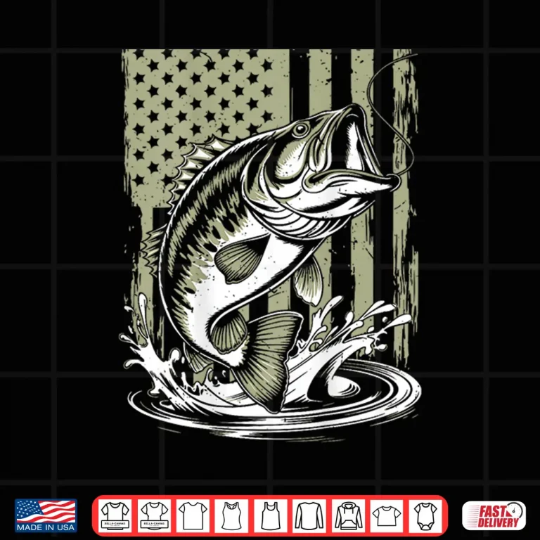 Design On Back Camo Bass Fish American Flag Boy Youth Men Patriotic Shirt