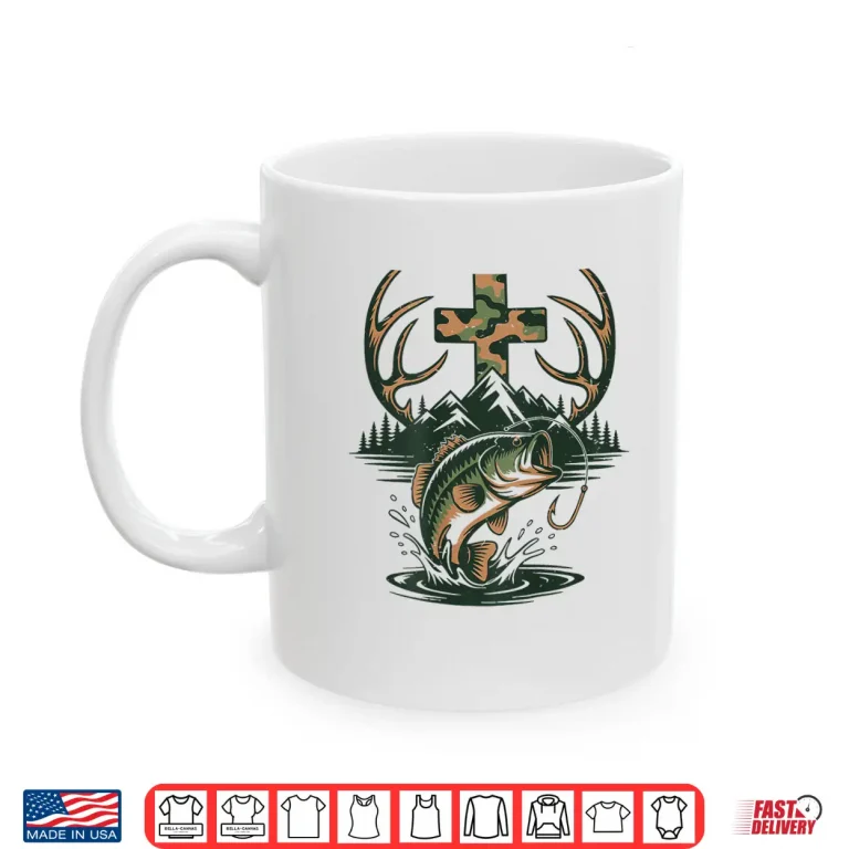 Mug Youth Camo Faith Hunting Fishing Cross Fisherman Christian Shirt