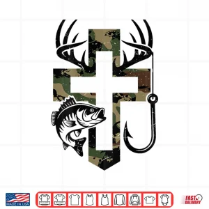 Design Youth Camo Faith Hunting Fishing Cross Hook Christian Jesus Shirt
