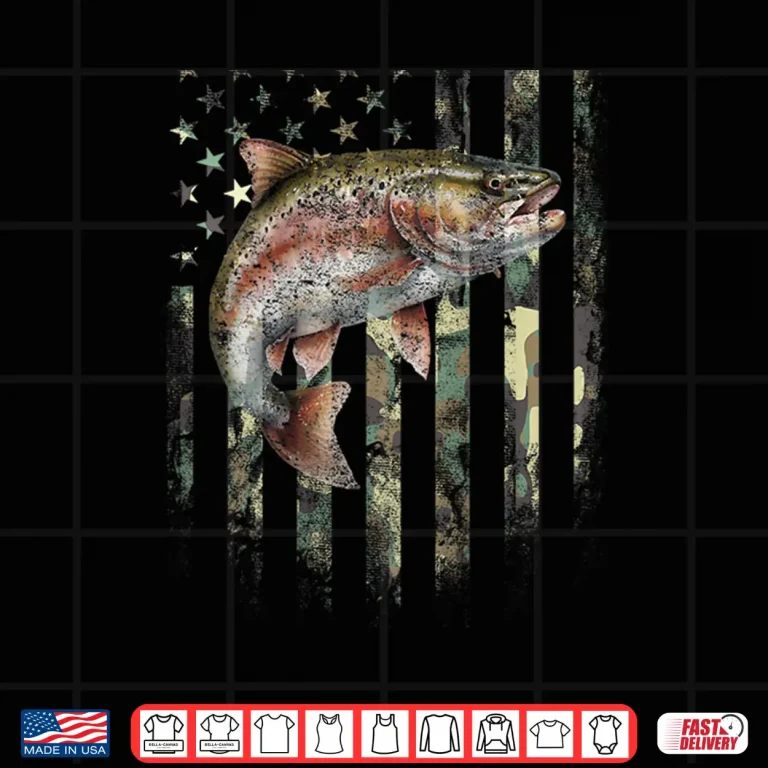 Design Graphic On The Back Camo American Flag Trout Fish Fishing Shirt