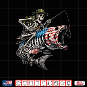 Design Fishing American Flag Bass Fish Skull Skeleton Fisherman Shirt