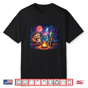 Funny Alien And Hedgehog Camping Campfire Moon Ufo Guitar Shirt