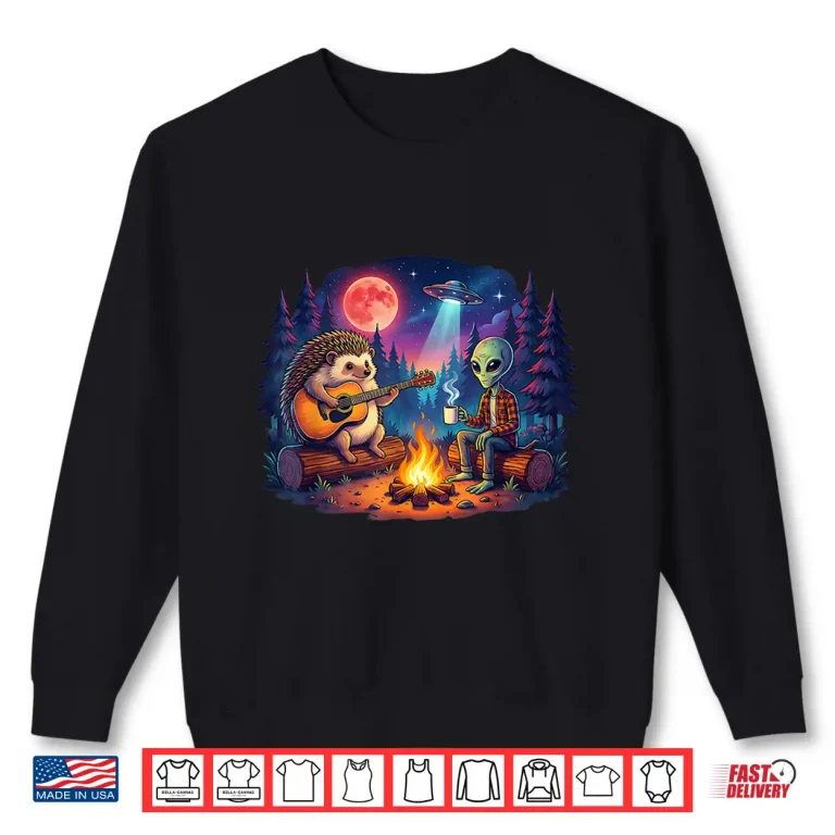 Sweatshirt Funny Alien and Hedgehog Camping Campfire Moon UFO Guitar Shirt