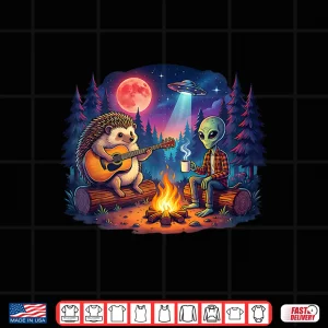 Design Funny Alien and Hedgehog Camping Campfire Moon UFO Guitar Shirt