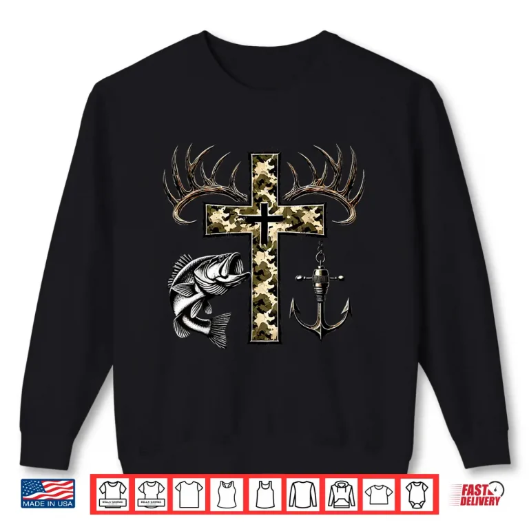 Sweatshirt Hunting Fishing Cross Camo Faith Christian Fisherman Hunter Shirt