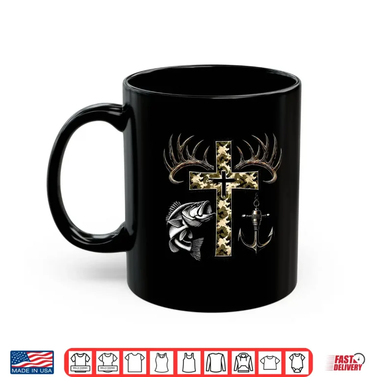 Mug Hunting Fishing Cross Camo Faith Christian Fisherman Hunter Shirt