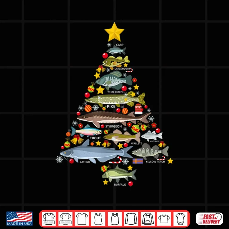 Design Freshwater Fish Species Christmas Tree Fishing Xmas Men Kids Shirt 1
