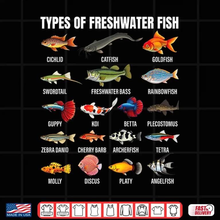 Design Types of freshwater fish Species Chart Aquarium River Lovers Shirt 1
