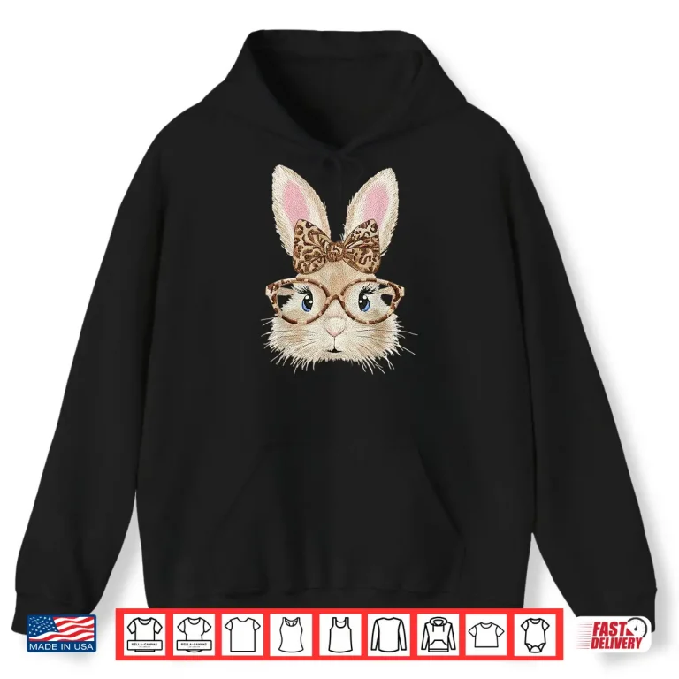 Hoodie Bunny Face Glasses Bandana Leopard Women Girls Easter Day Shirt